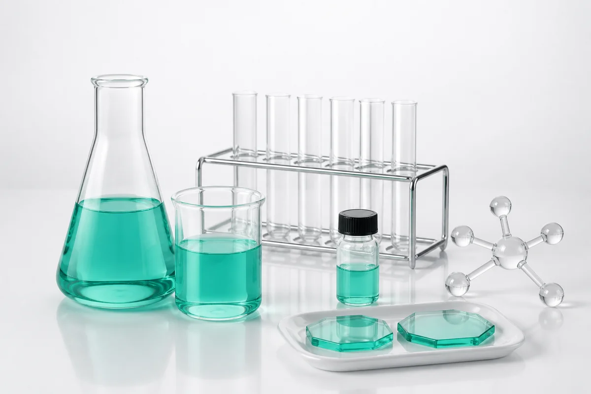 Laboratory glassware and sealed research vials beside printed documentation