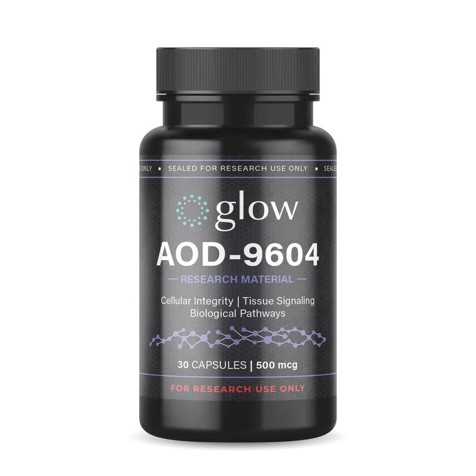 AOD-9604 Capsules bottle by Glow Peptides, encapsulated research material