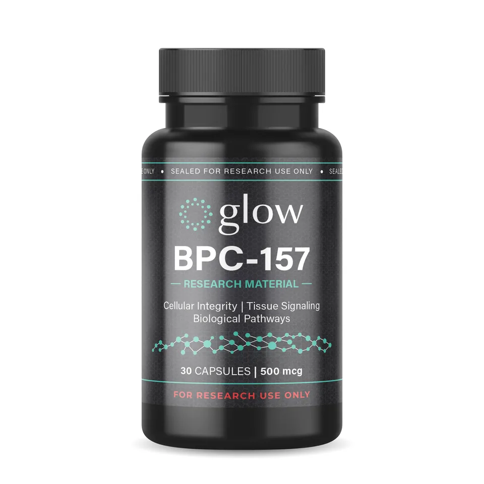 BPC-157 Capsules bottle, encapsulated research material by Glow Peptides