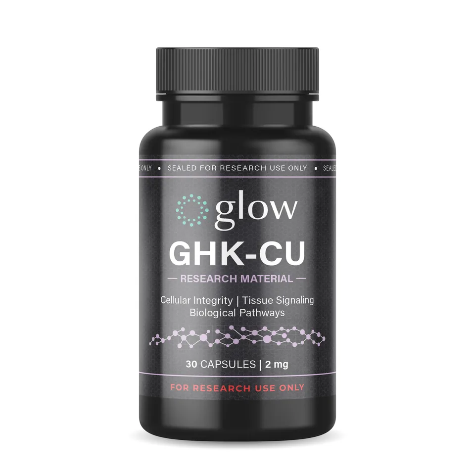 GHK-Cu Capsules bottle, encapsulated research material by Glow Peptides