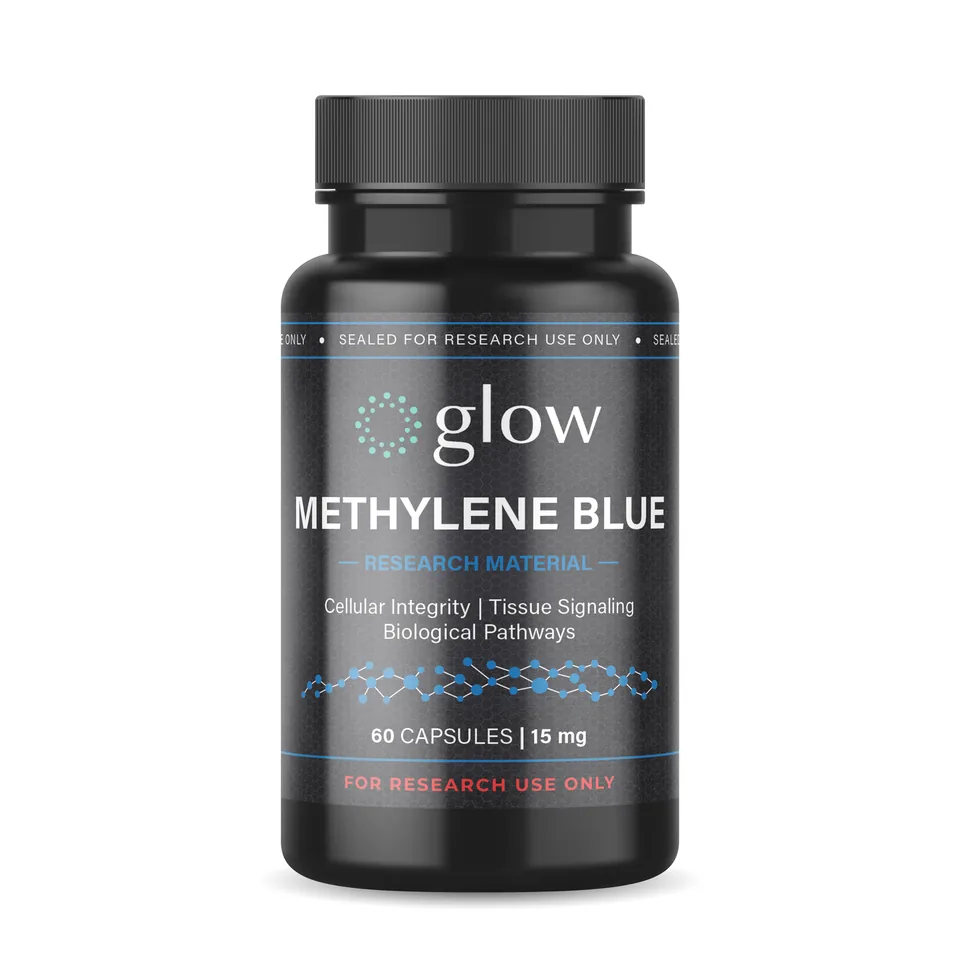 Methylene Blue Capsules bottle by Glow Peptides, encapsulated research material