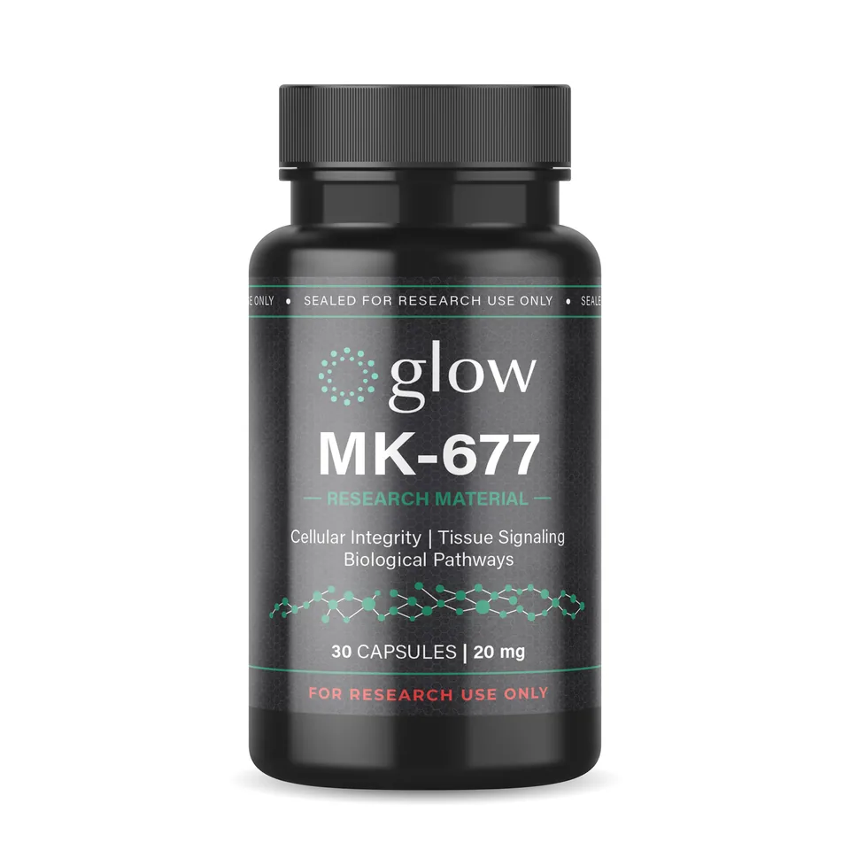 MK-677 Capsules bottle, encapsulated research material by Glow Peptides