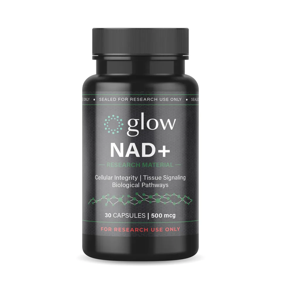 NAD+ Capsules bottle by Glow Peptides, encapsulated research material