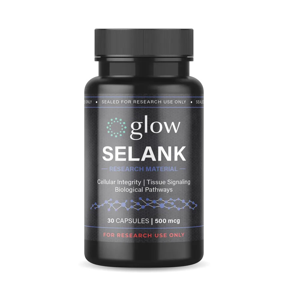 Selank Capsules bottle by Glow Peptides, encapsulated research material