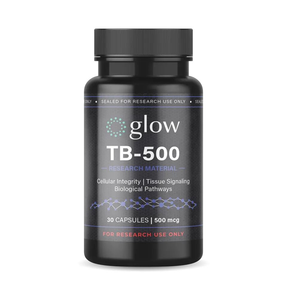 TB-500 Capsules bottle by Glow Peptides, encapsulated research material