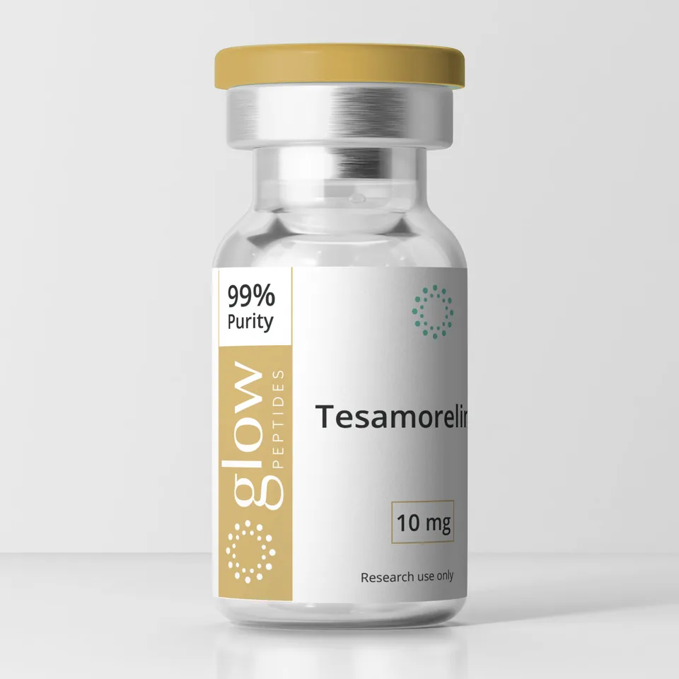 Tesamorelin lyophilized research peptide vial by Glow Peptides